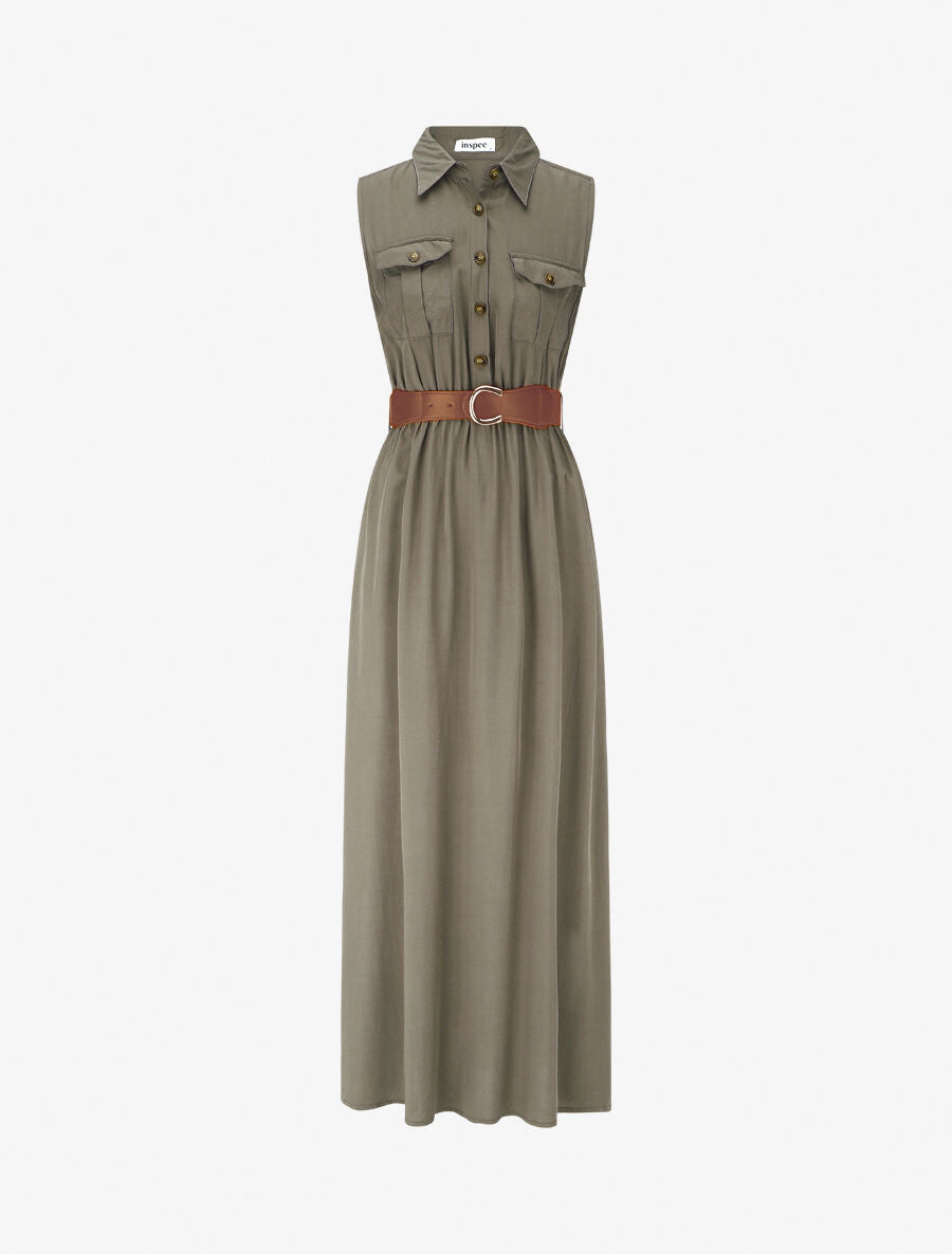 Robe longue unie sans manches - Kaki - 1