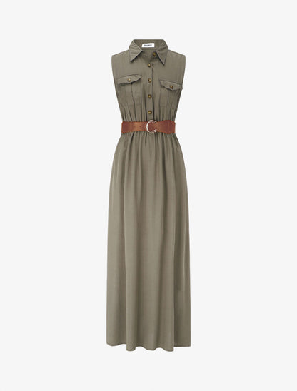 Robe longue unie sans manches - Kaki - 1