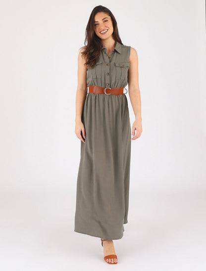 Robe longue unie sans manches - Kaki - 4