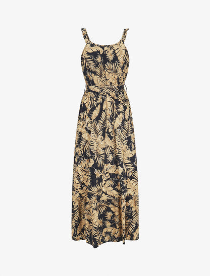 Robe longue imprimé tropical irisé à bretelles - Marine - 2