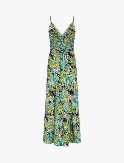 Robe longue à bretelles imprimé tropical irisé - Noir/vert - 2