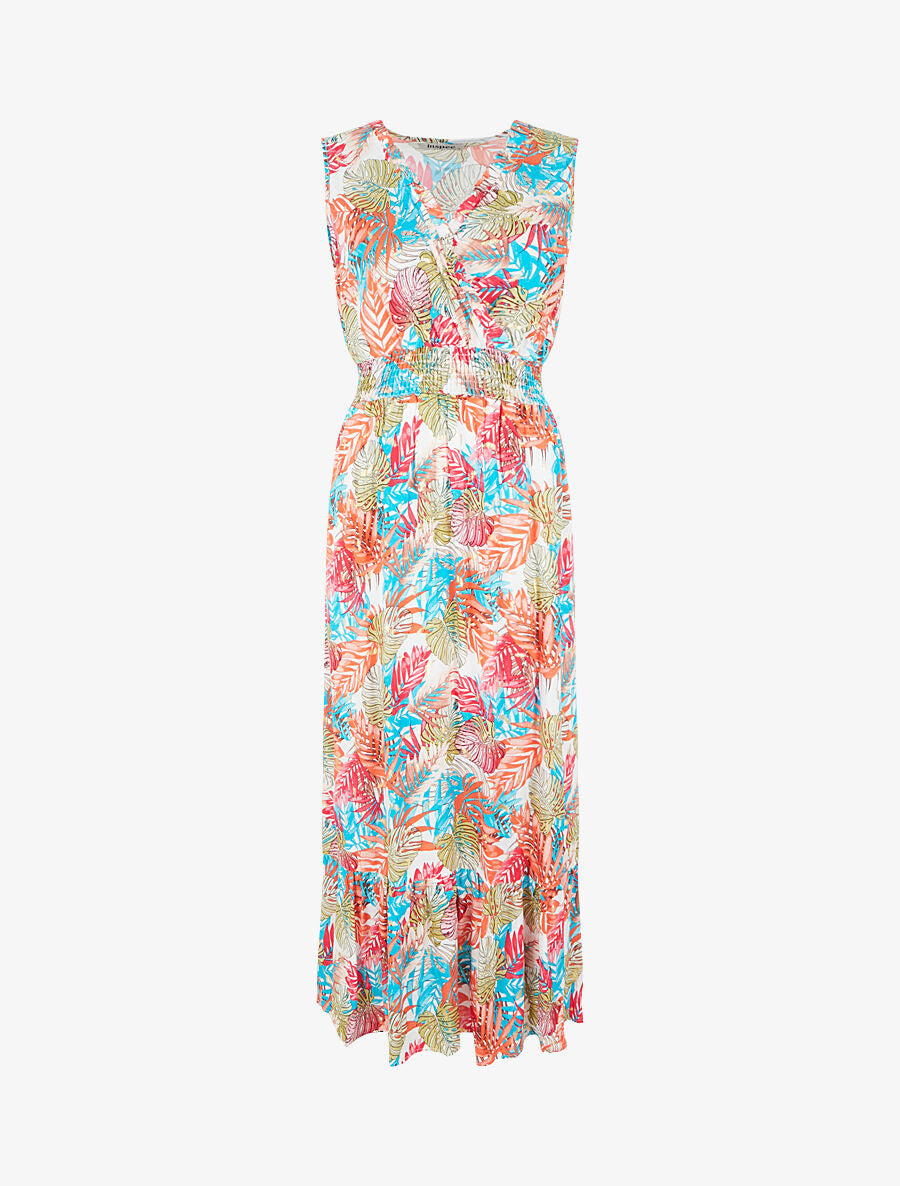 Robe longue évasée imprimé tropical sans manches - Blanc/turquoise - 1