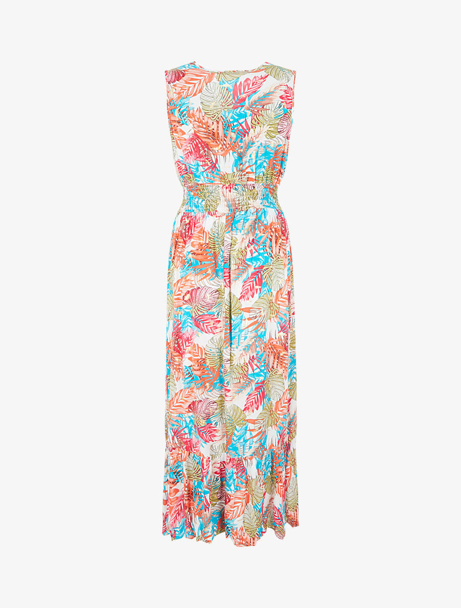Robe longue évasée imprimé tropical sans manches - Blanc/turquoise - 2