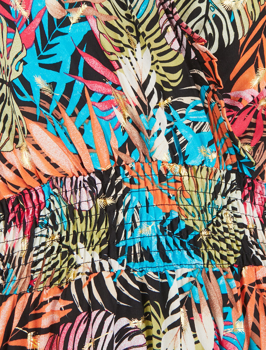 Robe longue évasée imprimé tropical sans manches - Noir/turquoise - 3