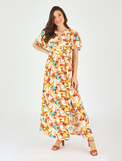 Robe longue fendue à taille élastiquée - Orange - 4