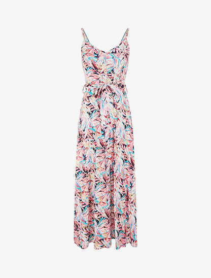 Robe longue évasée à fines bretelles imprimé tropical - Marine/rose - 5