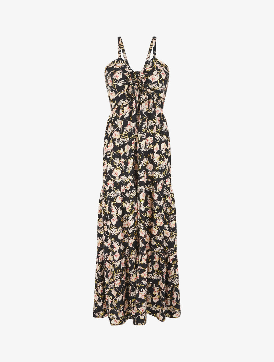 Robe longue évasée imprimé fleur irisé à bretelles - Noir - 1