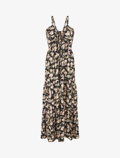 Robe longue évasée imprimé fleur irisé à bretelles - Noir - 1