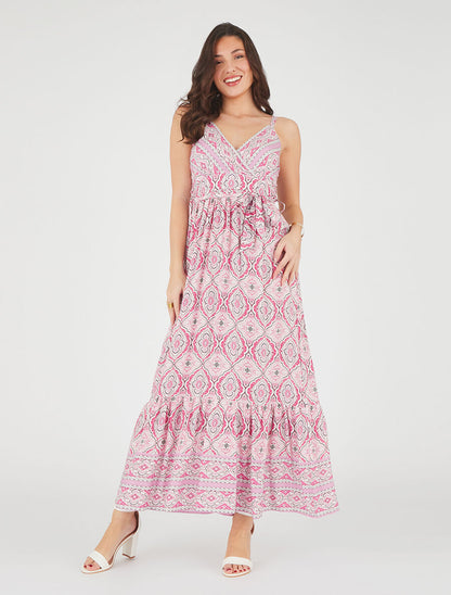 Robe longue évasée imprimé arabesque fleuri à bretelles - Rose - 4