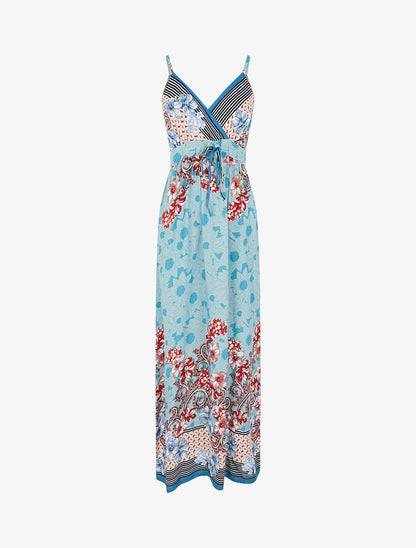 Robe longue empire à bretelles imprimé floral - Bleu ciel - 1