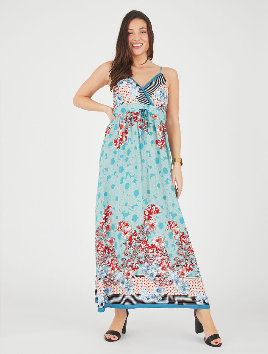 Robe longue empire à bretelles imprimé floral - Bleu ciel - 4
