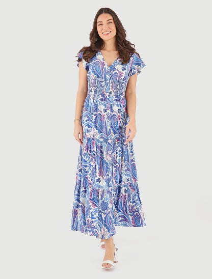 Robe longue à manches courtes imprimé cachemire - Bleu - 4
