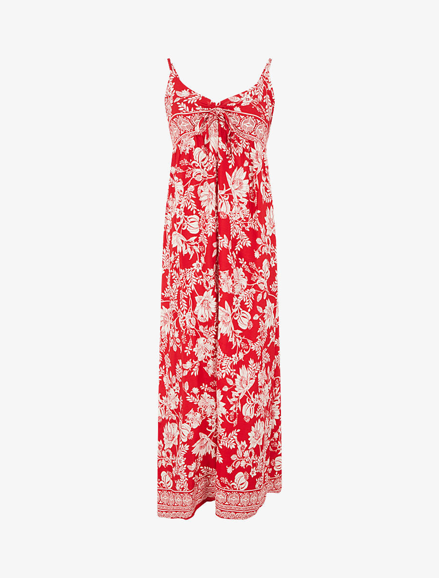 Robe longue empire à liens imprimé à fleurs - Rouge - 1