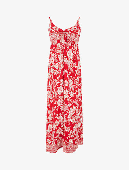 Robe longue empire à liens imprimé à fleurs - Rouge - 1