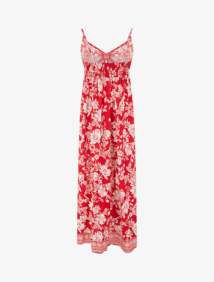 Robe longue empire à liens imprimé à fleurs - Rouge - 2