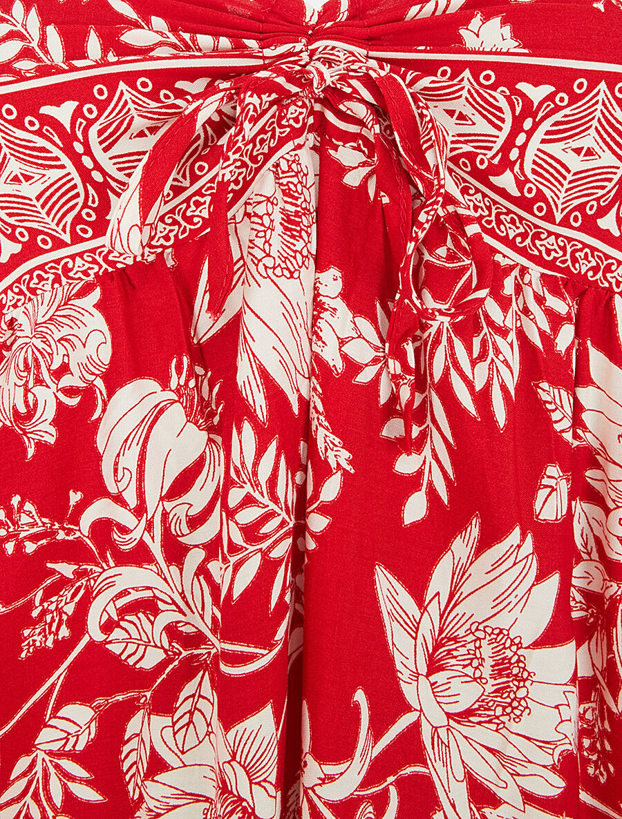 Robe longue empire à liens imprimé à fleurs - Rouge - 3