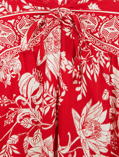 Robe longue empire à liens imprimé à fleurs - Rouge - 3