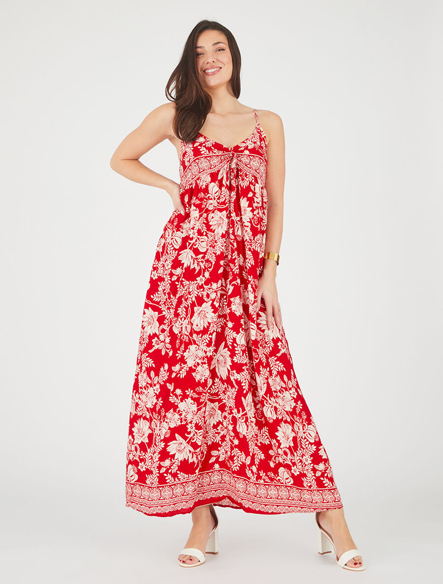 Robe longue empire à liens imprimé à fleurs - Rouge - 4