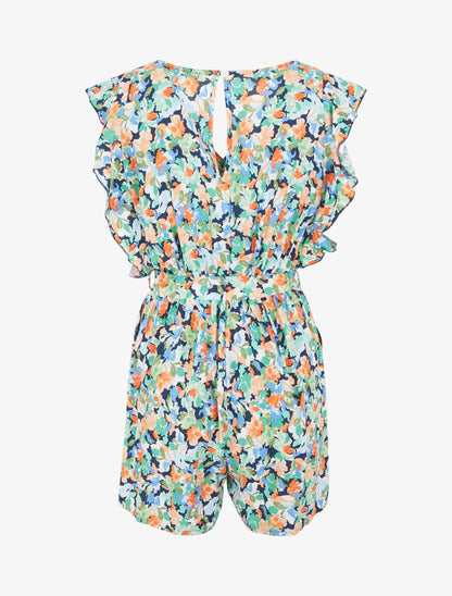 Combishort fleuri à manches volantées - Marine - 2