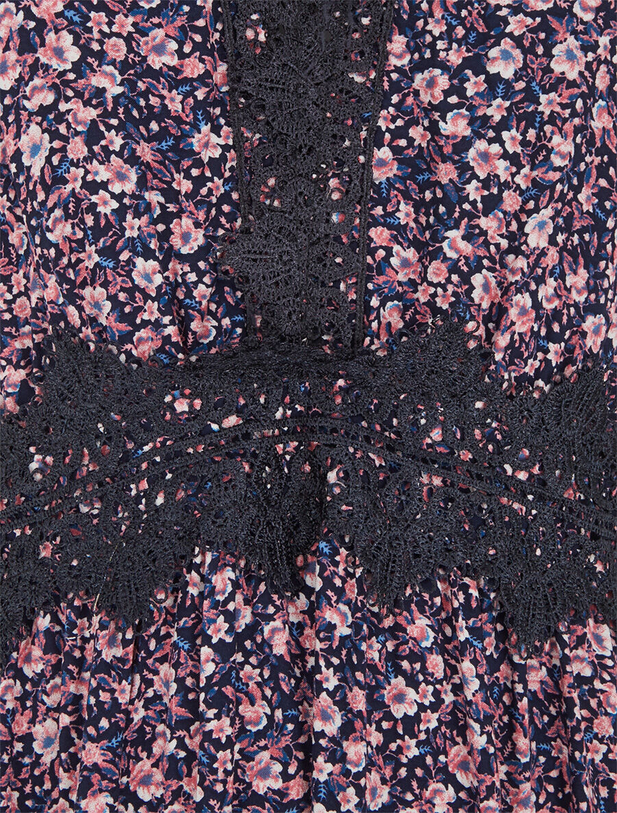 Robe longue petites fleurs à detail broderies - Marine - 3