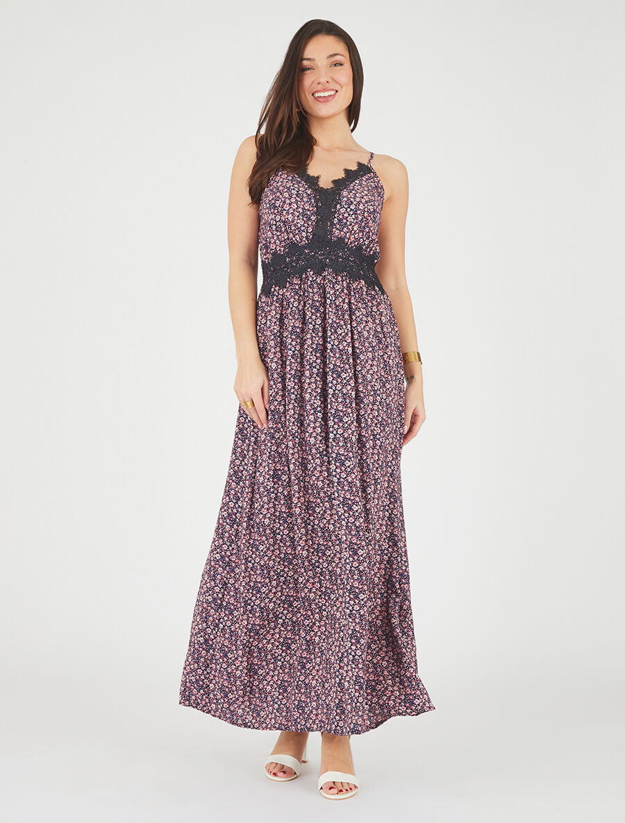 Robe longue petites fleurs à detail broderies - Marine - 4