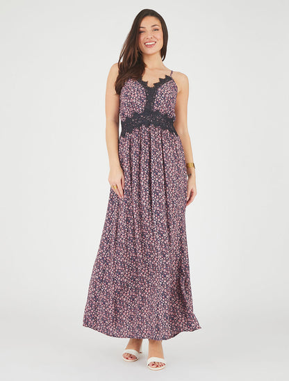 Robe longue petites fleurs à detail broderies - Marine - 4