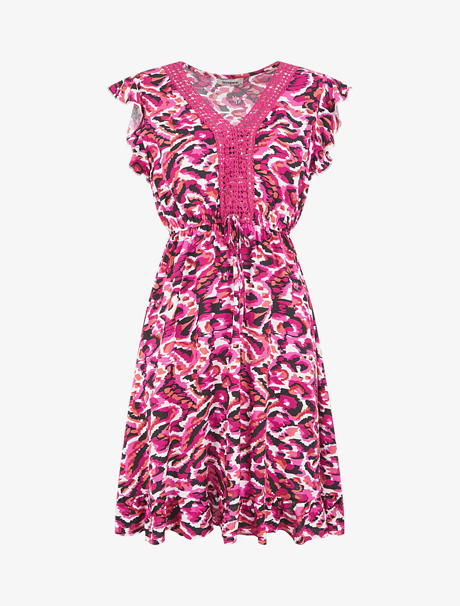 Robe mi-longue imprimé abstrait à cordons de serrage - Fushia - 1