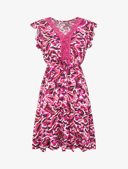 Robe mi-longue imprimé abstrait à cordons de serrage - Fushia - 1