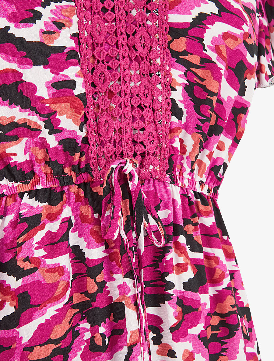 Robe mi-longue imprimé abstrait à cordons de serrage - Fushia - 3