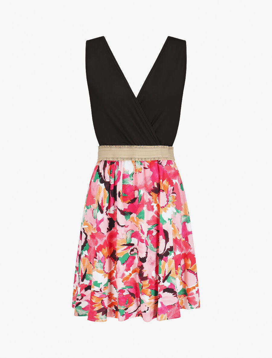 Robe élastiquée à jupe imprimé abstrait - Rose - 5