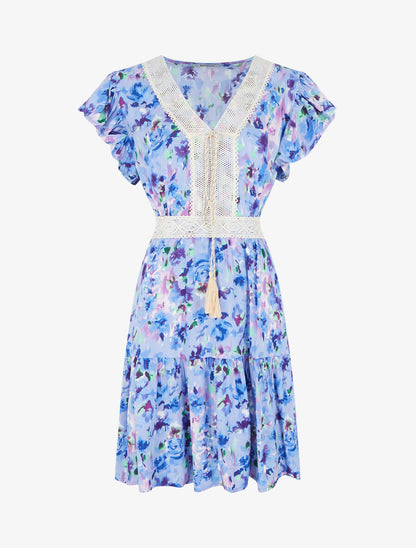 Robe imprimé aquarelle à col V brodé - Lilas - 1