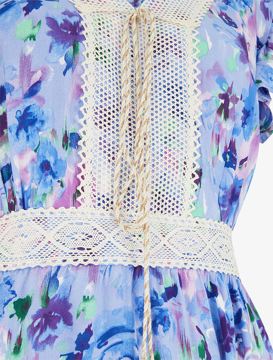 Robe imprimé aquarelle à col V brodé - Lilas - 3