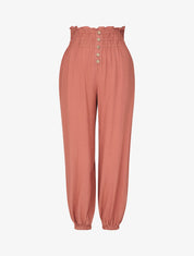 Pantalon uni à bords élastiqués et boutons décoratifs - Corail - 1
