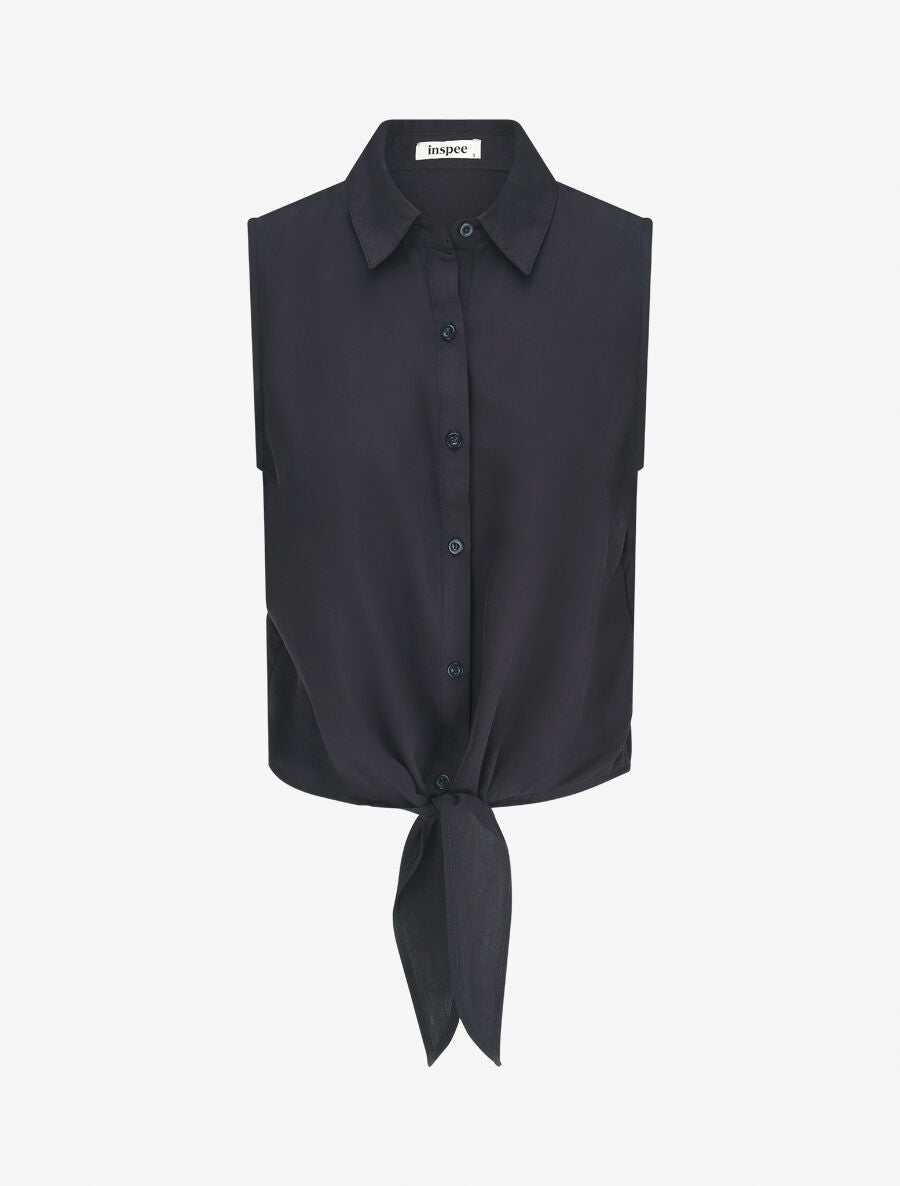 Chemise unie boutonnée à nouer - Marine - 4