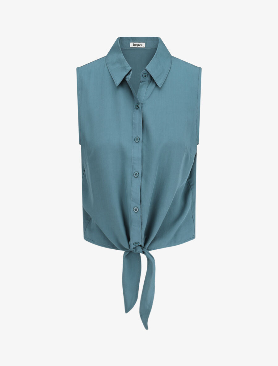 Chemise unie boutonnée à nouer - Bleu canard - 1