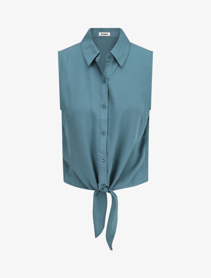 Chemise unie boutonnée à nouer - Bleu canard - 1
