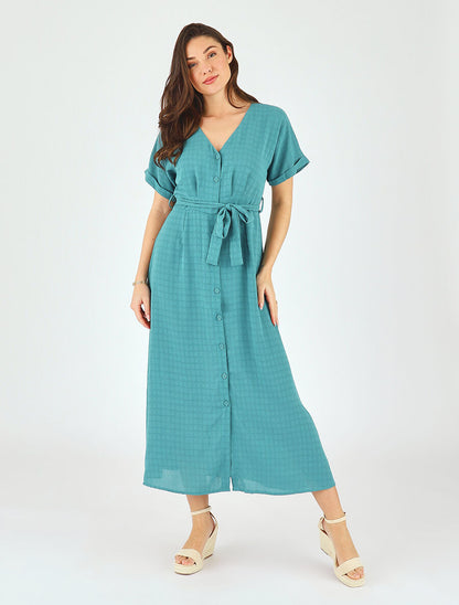 Robe longue évasée manches courtes - Turquoise - 4