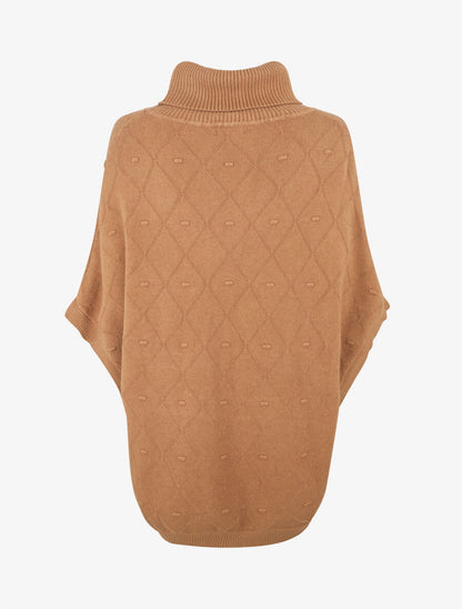 Poncho ample col roulé maille fantaisie - Camel - 2