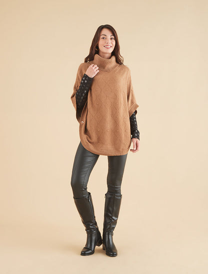 Poncho ample col roulé maille fantaisie - Camel - 4