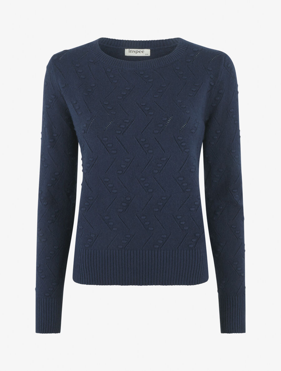 Pull droit col rond en maille fantaisie - Marine - 4