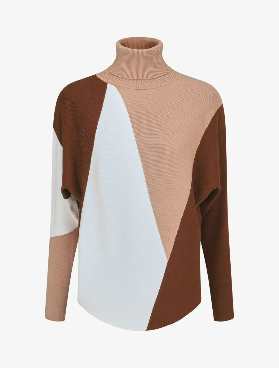 Pull color bloc à col coulé - Marron - 1