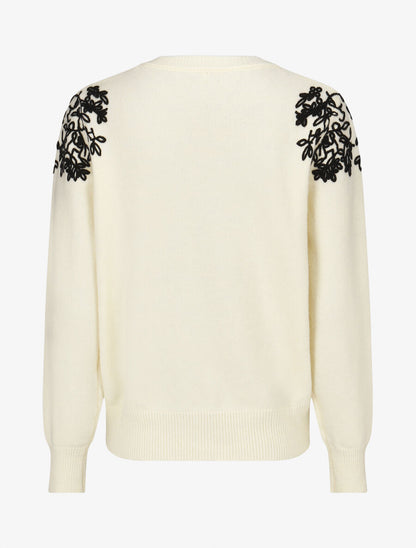 Pull uni à broderies fleuries aux épaules - Beige - 2