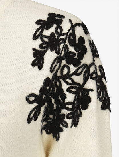 Pull uni à broderies fleuries aux épaules - Beige - 3