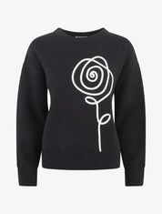 Pull uni à broderie fleur - Noir - 1