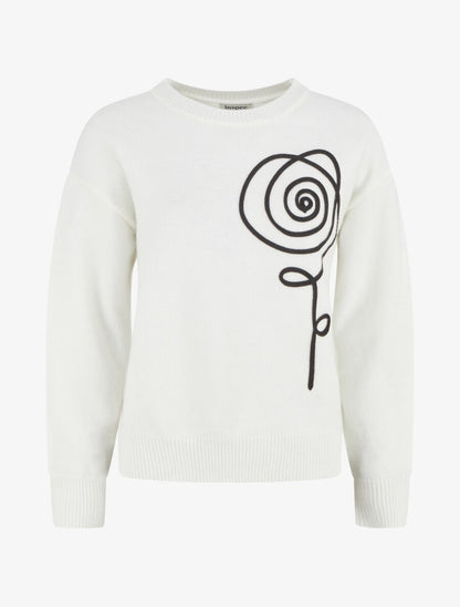 Pull uni à broderie fleur - Blanc - 1