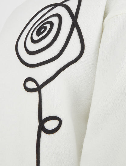 Pull uni à broderie fleur - Blanc - 3