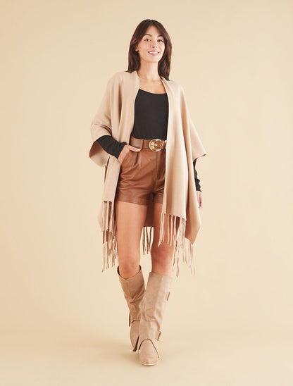 Poncho uni et franges - Camel - 4