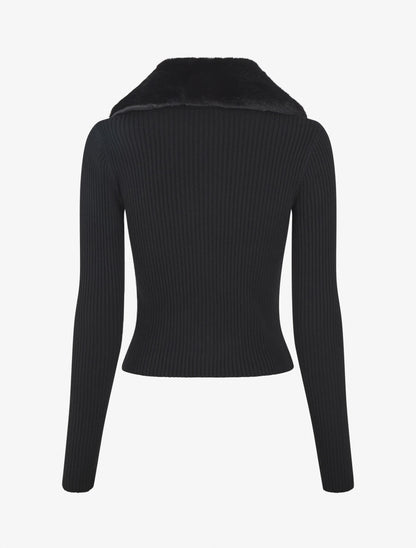 Gilet côtelé ajusté col en fourrure - Noir - 2