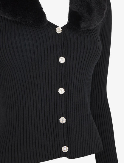Gilet côtelé ajusté col en fourrure - Noir - 3