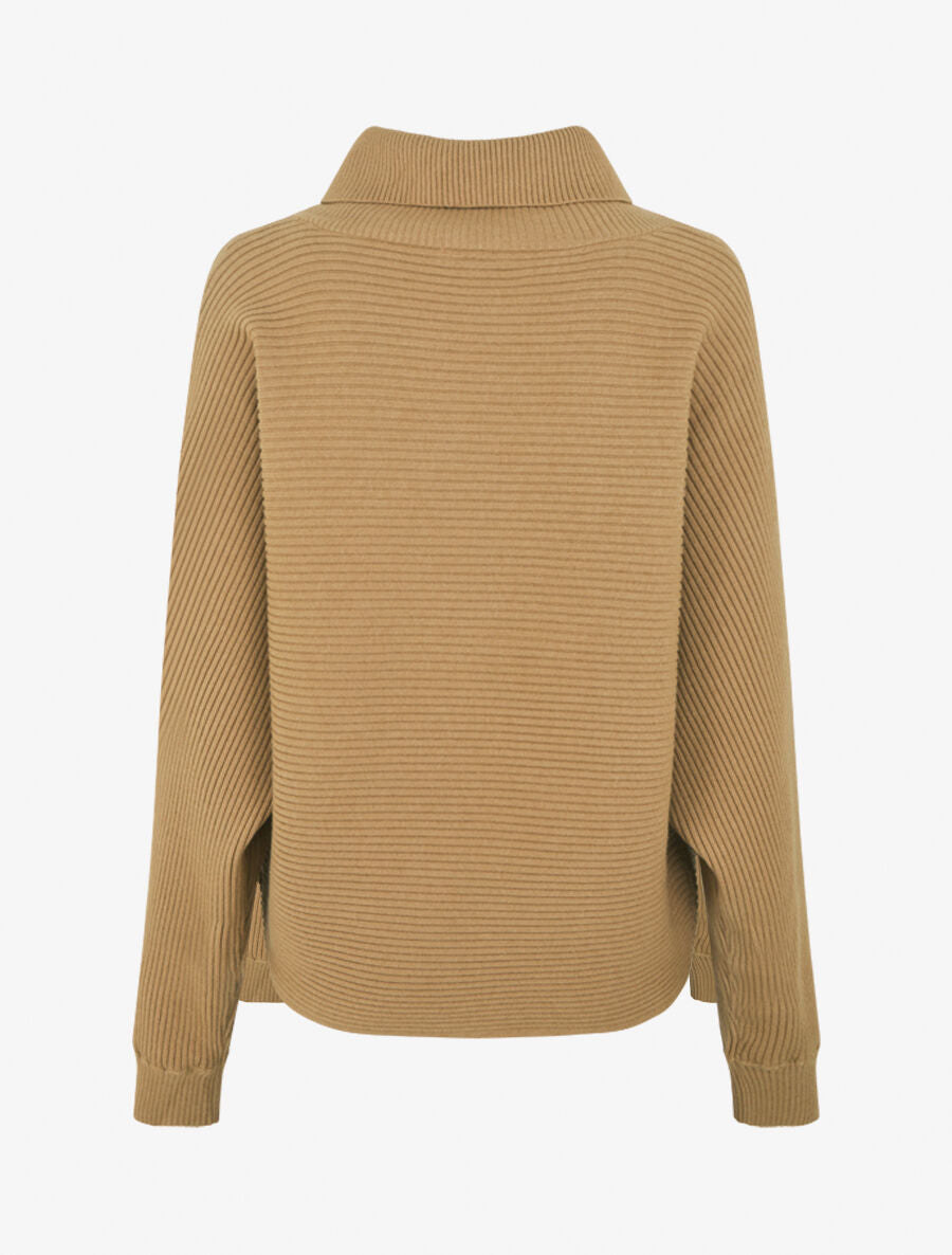 Pull ample côtelé à col montant asymétrique - Beige - 2